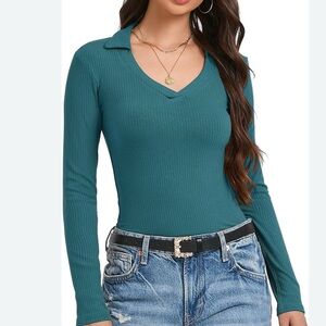 🆕 Beauhuty V Neck Long Sleeve Polo  Casual Ribbed Knit Slim Fitted XL